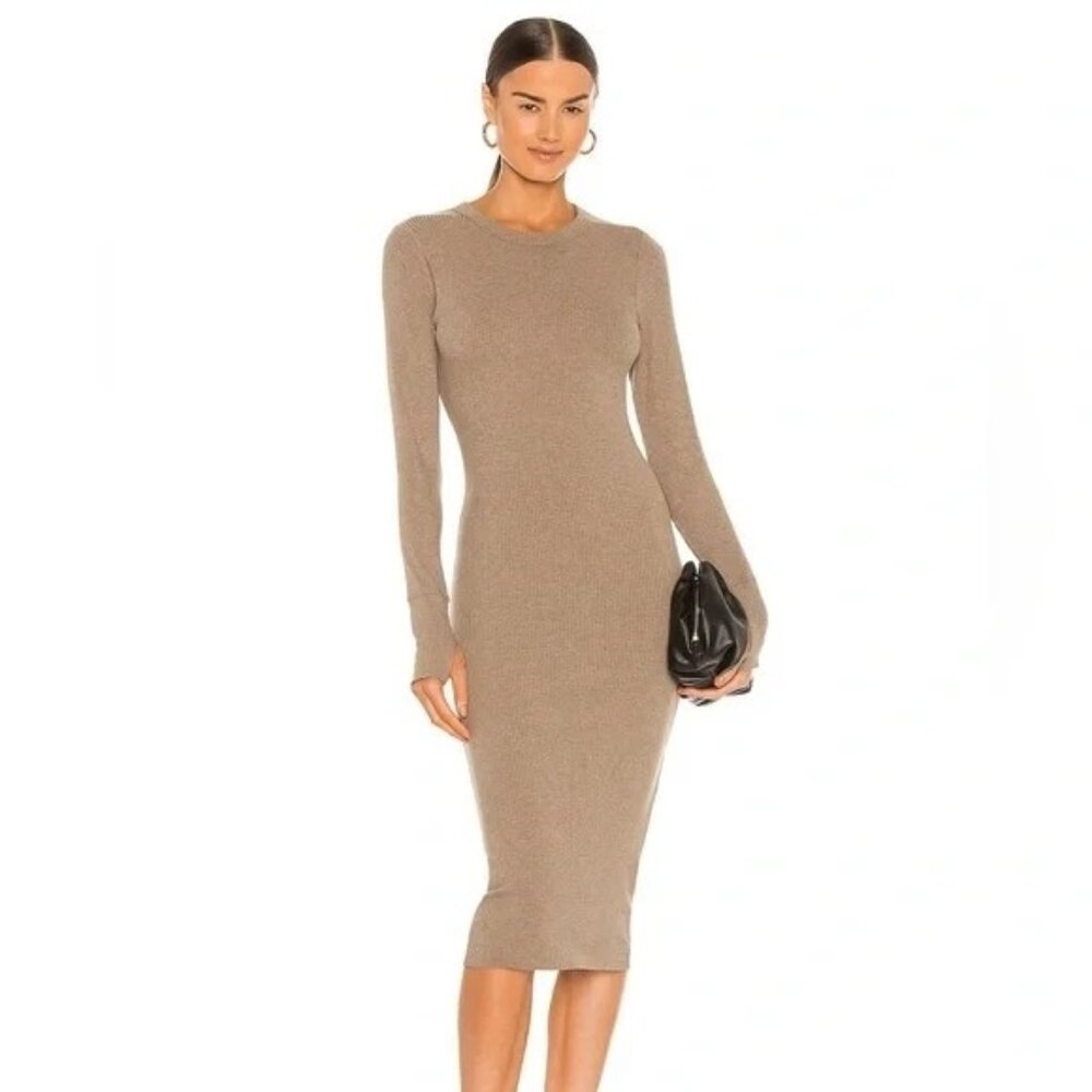 WSLY Womens Ribbed Knit Midi Sweater Dress in Heathered Taupe‎ Sz L